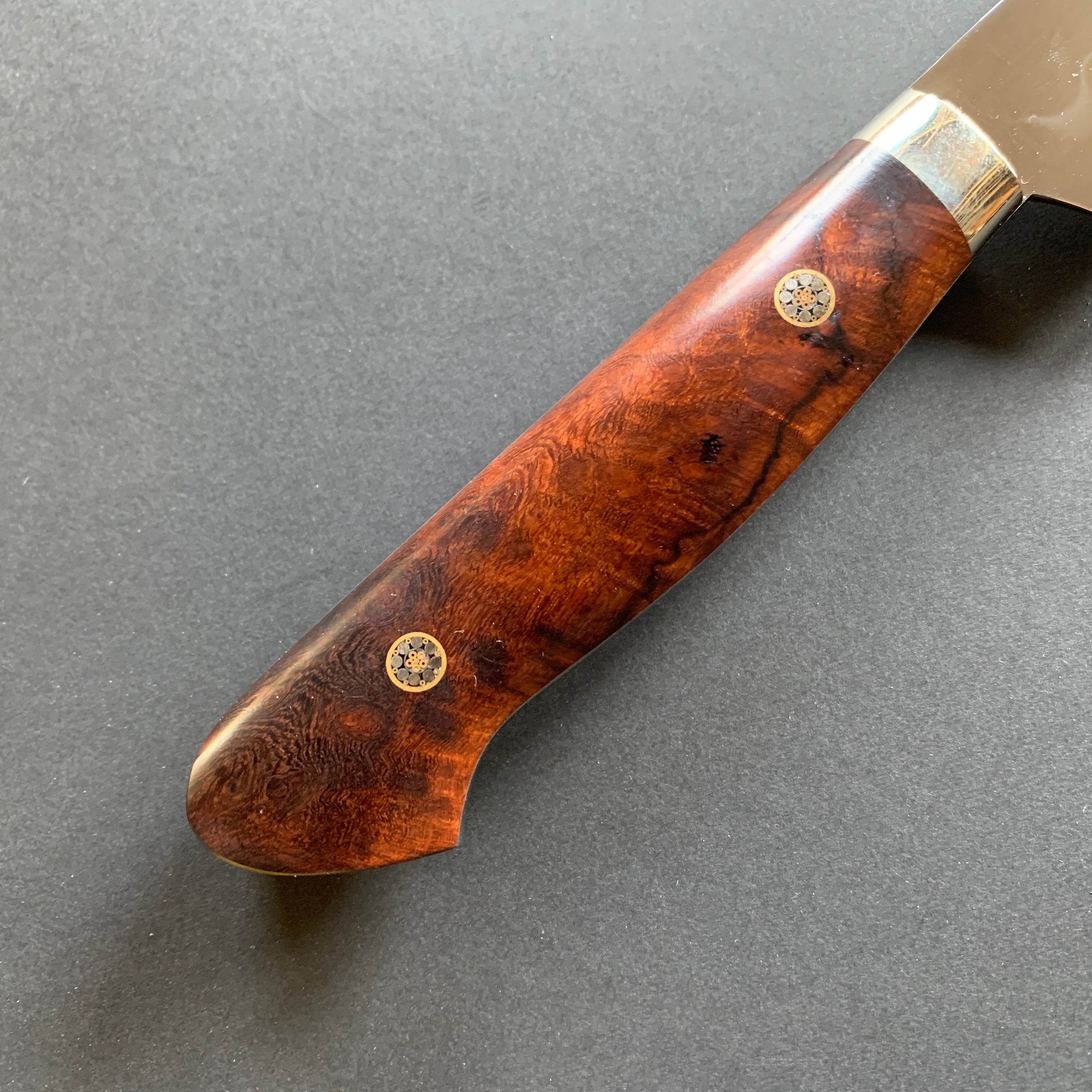 Honyaki Sakimaru Sujihiki knife, Shirogami 3 Carbon steel, Mirror Polish finish, Western style Desert Ironwood handle - Ikeda