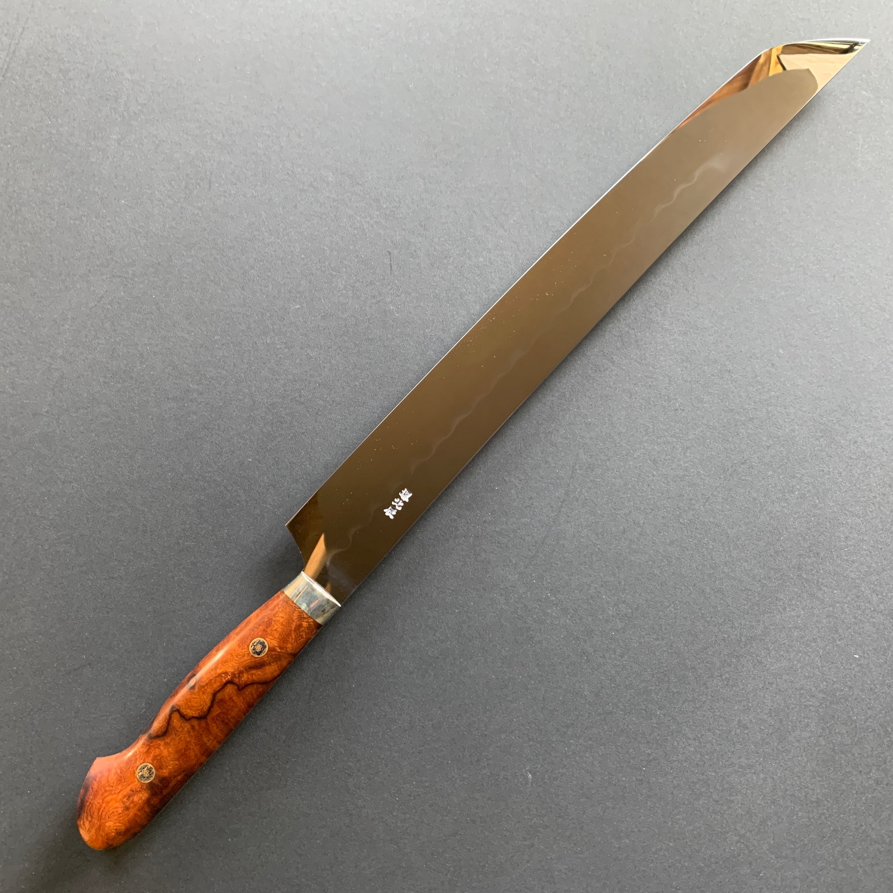 Honyaki Sakimaru Sujihiki knife, Shirogami 3 Carbon steel, Mirror Polish finish, Western style Desert Ironwood handle - Ikeda