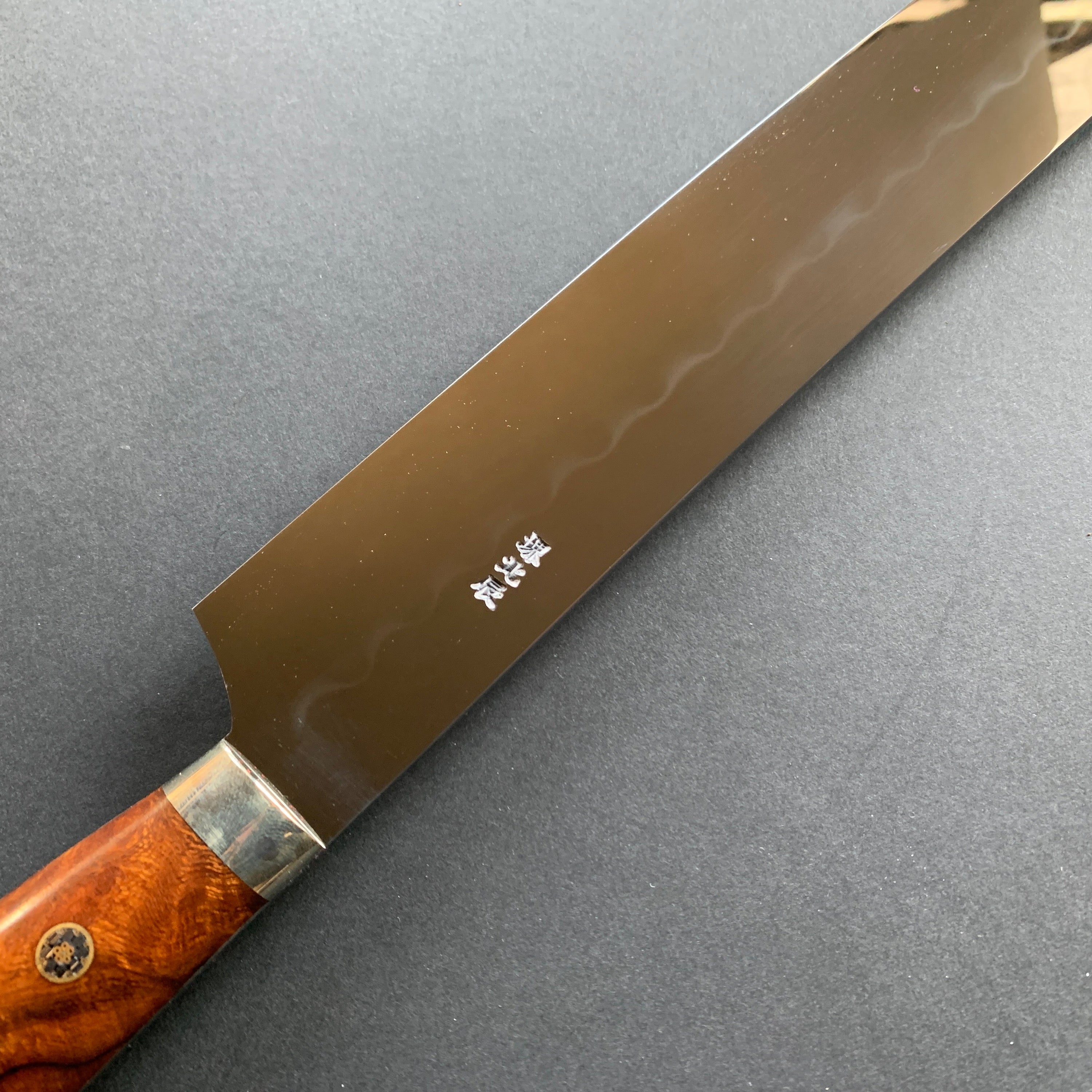 Honyaki Sakimaru Sujihiki knife, Shirogami 3 Carbon steel, Mirror Polish finish, Western style Desert Ironwood handle - Ikeda