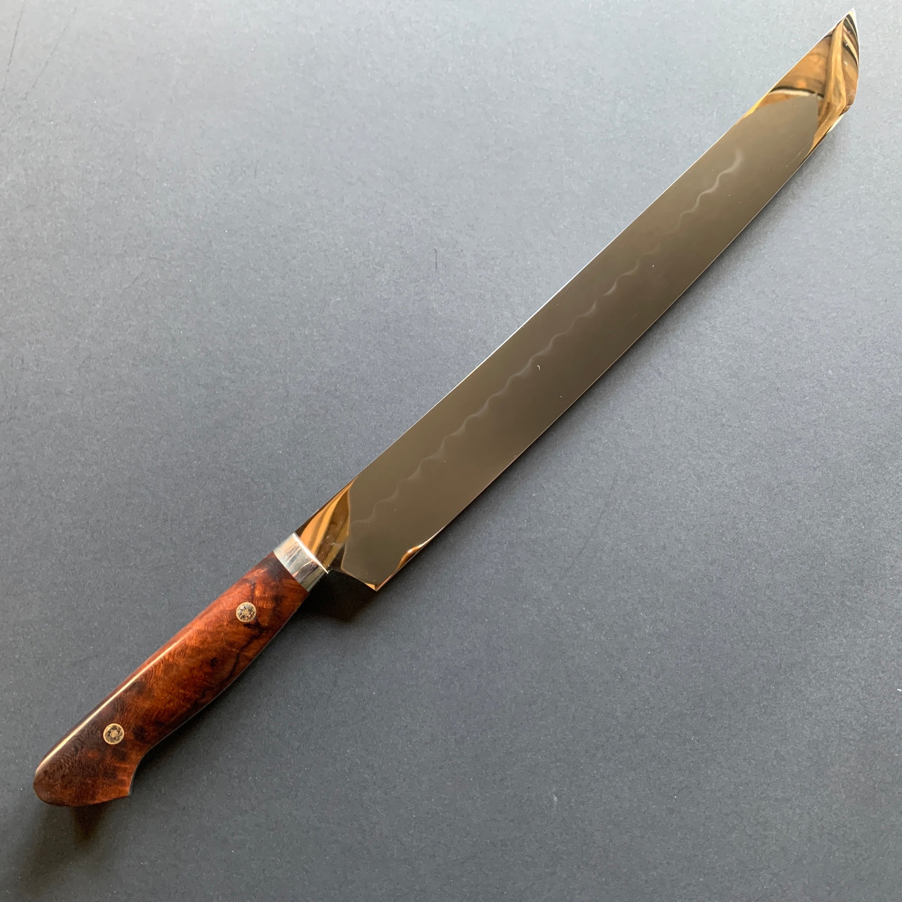 Honyaki Sakimaru Sujihiki knife, Shirogami 3 Carbon steel, Mirror Polish finish, Western style Desert Ironwood handle - Ikeda