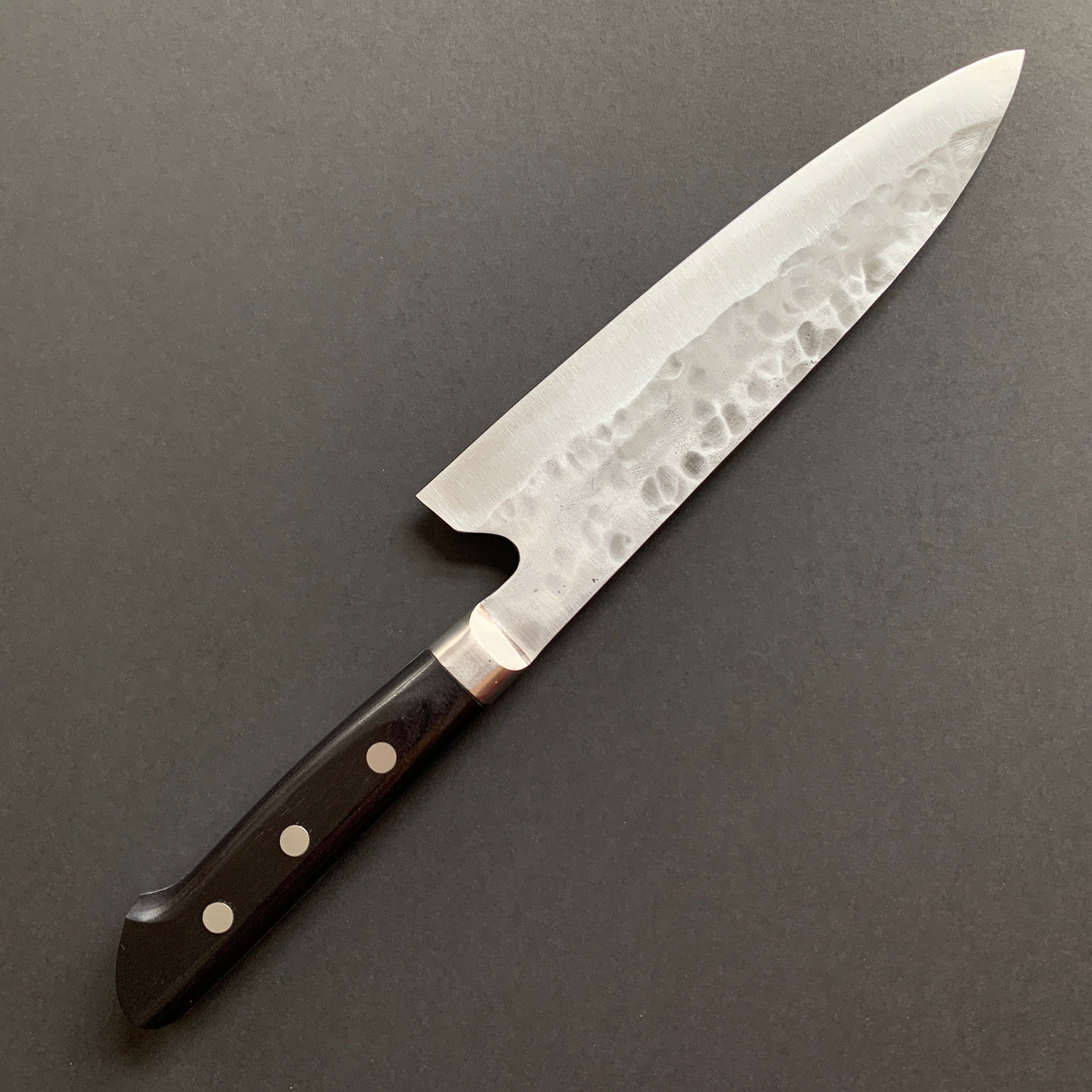 Gyuto knife, Shirogami 1 with stainless steel cladding, nashiji finish, Maboroshi range, western handle - Fujiwara