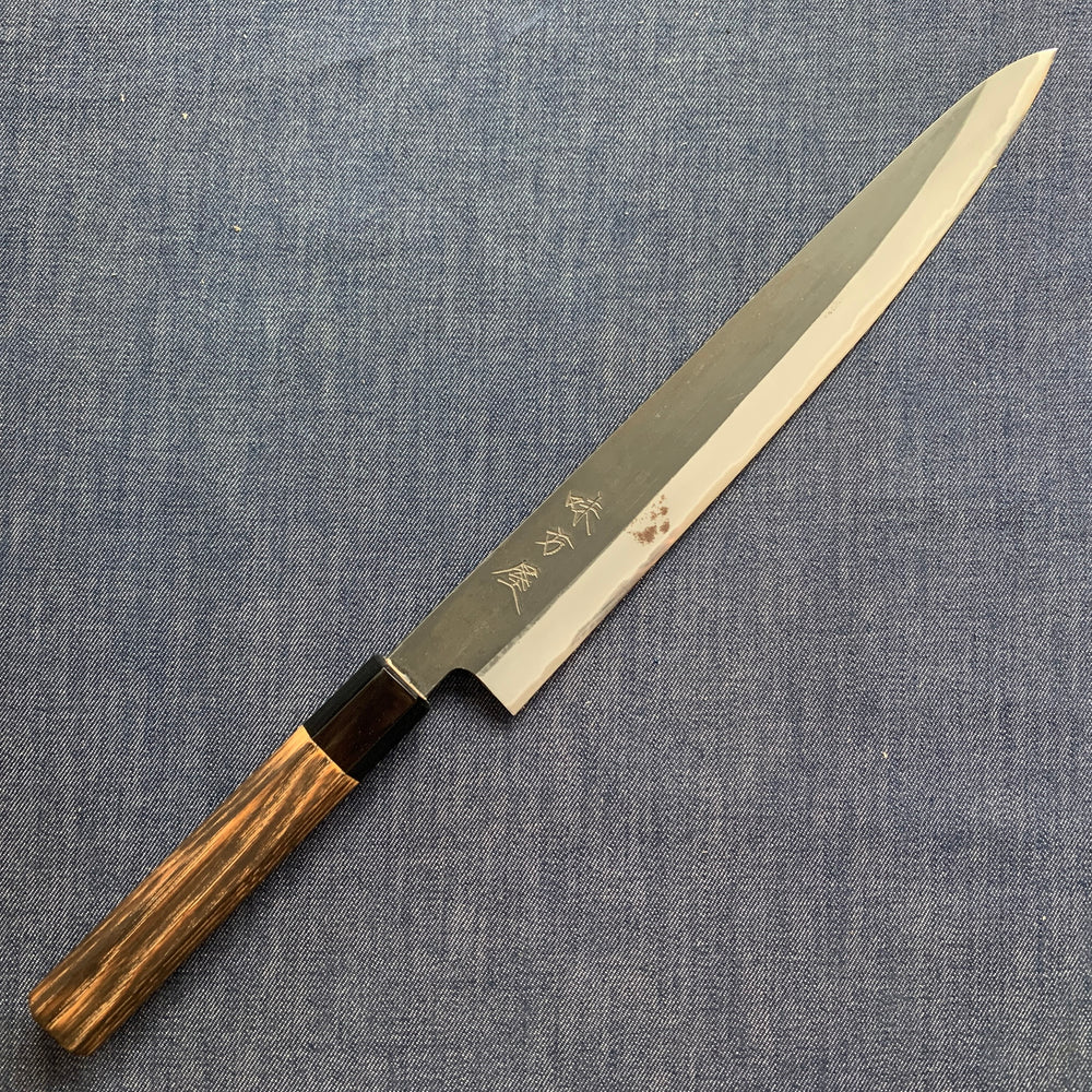 SECOND: Sujihiki knife, Shirogami 2 with iron cladding, Burnt Chestnut handle, Kurouchi finish - Mutsumi Hinoura