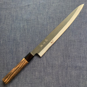 SECOND: Sujihiki knife, Shirogami 2 with iron cladding, Burnt Chestnut handle, Kurouchi finish - Mutsumi Hinoura