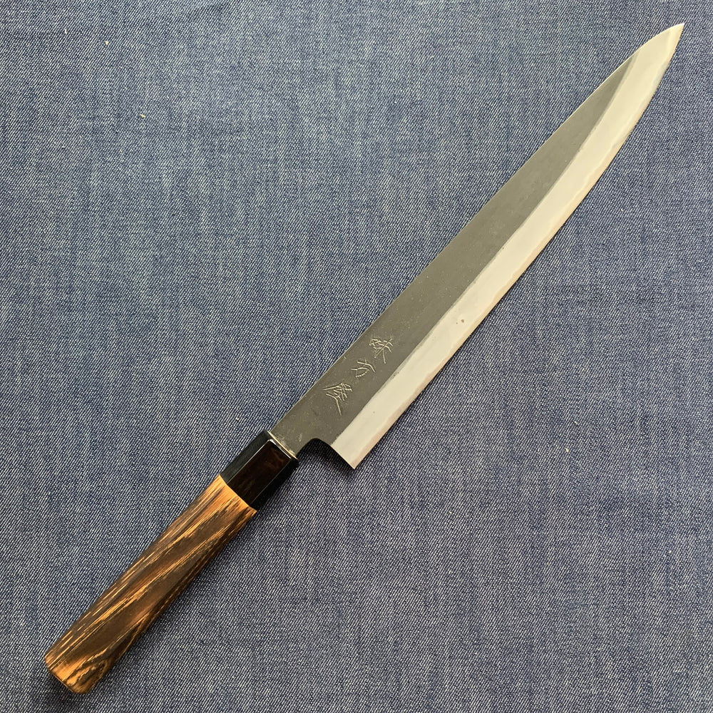 SECOND: Sujihiki knife, Shirogami 2 with iron cladding, Burnt Chestnut handle, Kurouchi finish - Mutsumi Hinoura