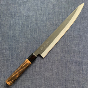 SECOND: Sujihiki knife, Shirogami 2 with iron cladding, Burnt Chestnut handle, Kurouchi finish - Mutsumi Hinoura