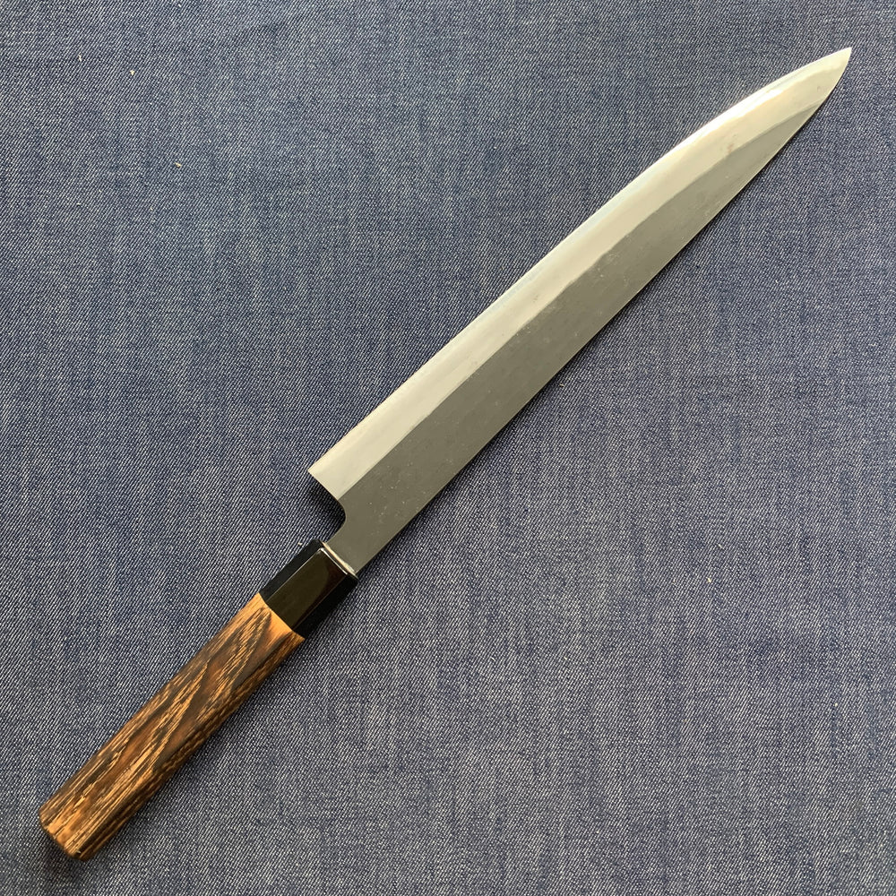 SECOND: Sujihiki knife, Shirogami 2 with iron cladding, Burnt Chestnut handle, Kurouchi finish - Mutsumi Hinoura