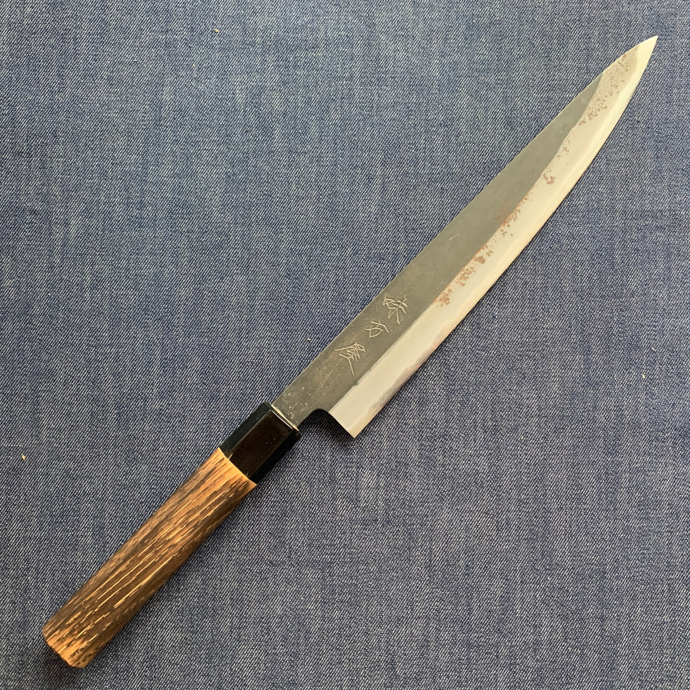 SECOND: Sujihiki knife, Shirogami 2 with iron cladding, Burnt Chestnut handle, Kurouchi finish - Mutsumi Hinoura