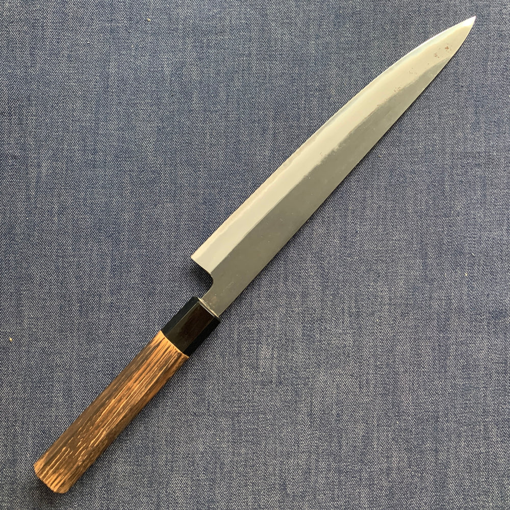 SECOND: Sujihiki knife, Shirogami 2 with iron cladding, Burnt Chestnut handle, Kurouchi finish - Mutsumi Hinoura