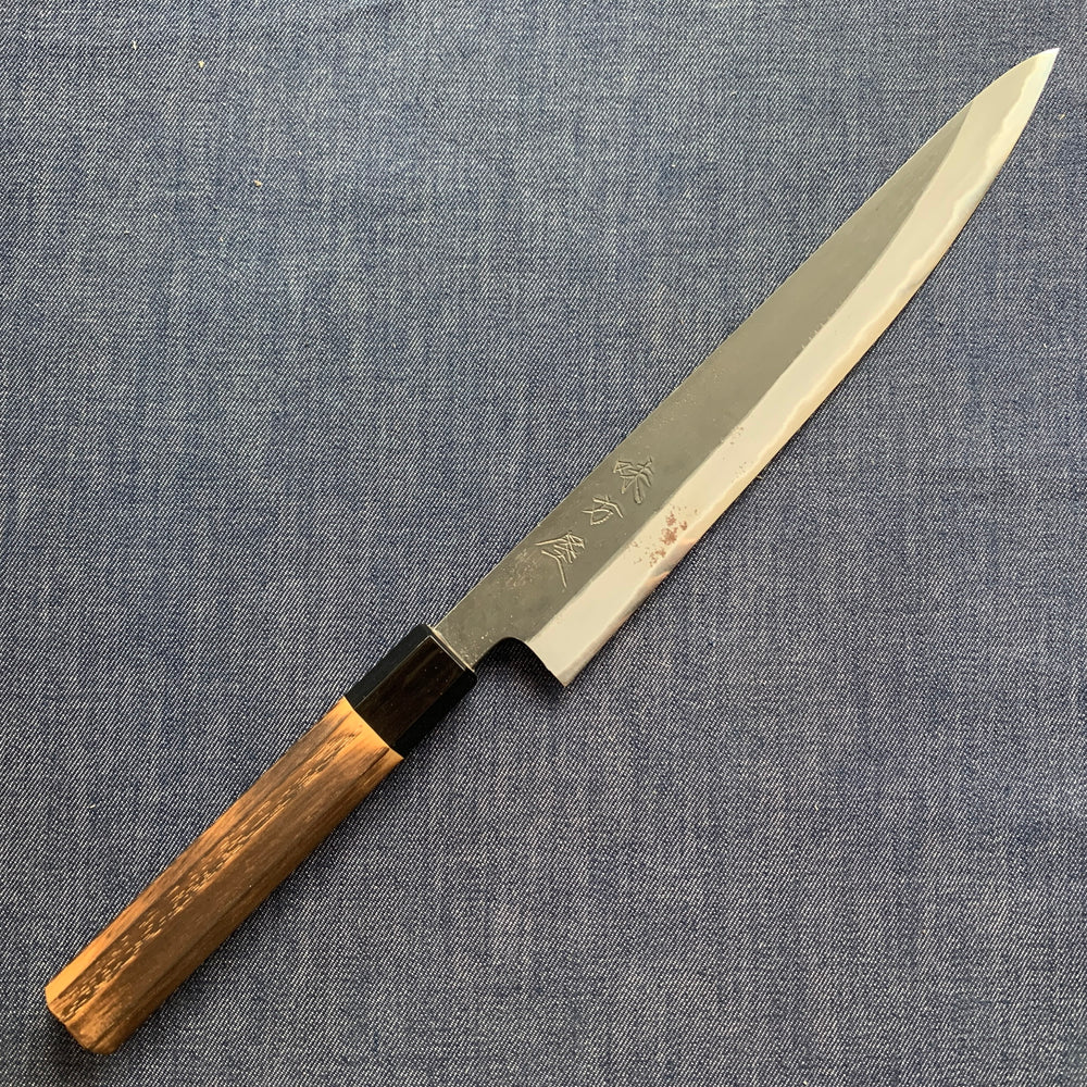 SECOND: Sujihiki knife, Shirogami 2 with iron cladding, Burnt Chestnut handle, Kurouchi finish - Mutsumi Hinoura