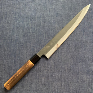 SECOND: Sujihiki knife, Shirogami 2 with iron cladding, Burnt Chestnut handle, Kurouchi finish - Mutsumi Hinoura