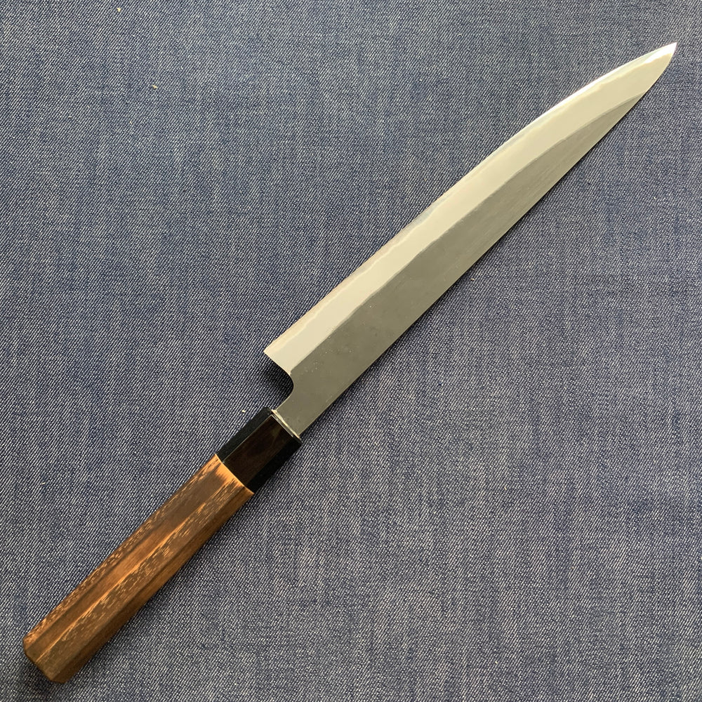 SECOND: Sujihiki knife, Shirogami 2 with iron cladding, Burnt Chestnut handle, Kurouchi finish - Mutsumi Hinoura