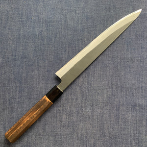 SECOND: Sujihiki knife, Shirogami 2 with iron cladding, Burnt Chestnut handle, Kurouchi finish - Mutsumi Hinoura