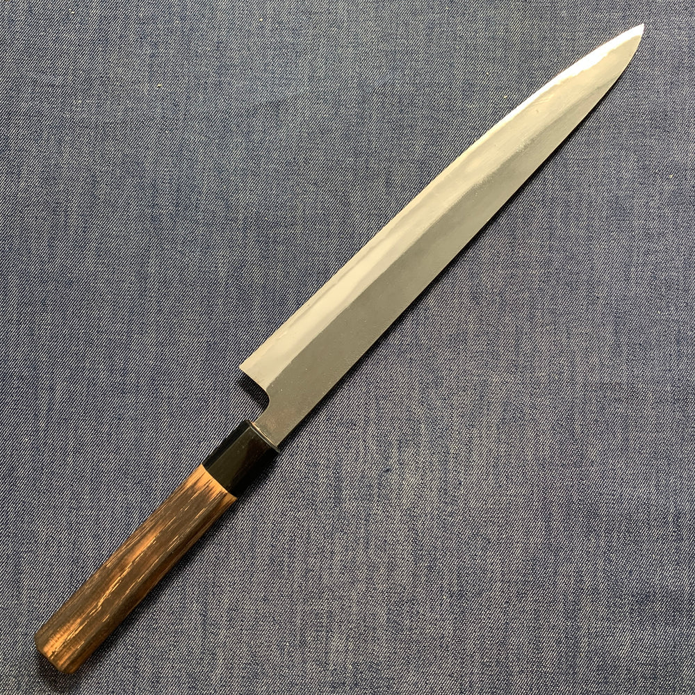 SECOND: Sujihiki knife, Shirogami 2 with iron cladding, Burnt Chestnut handle, Kurouchi finish - Mutsumi Hinoura