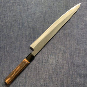 SECOND: Sujihiki knife, Shirogami 2 with iron cladding, Burnt Chestnut handle, Kurouchi finish - Mutsumi Hinoura