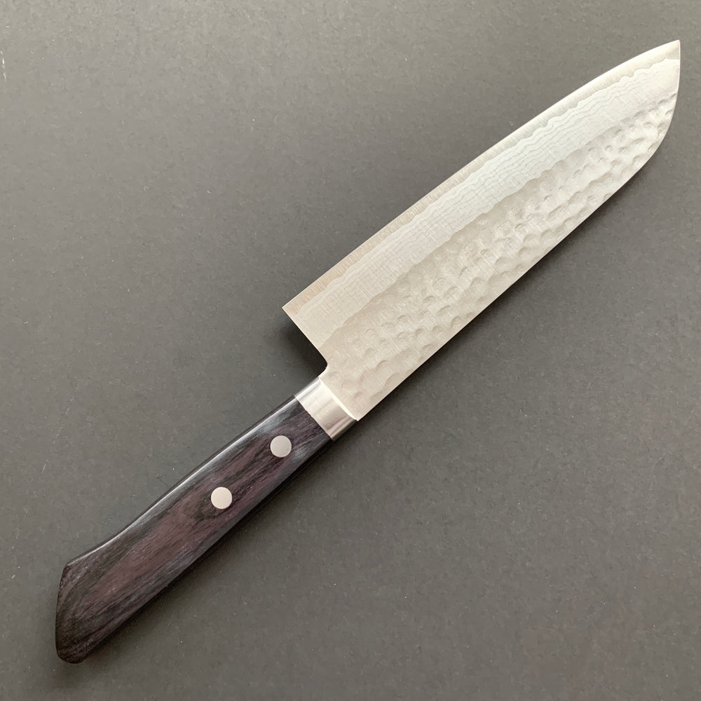 Santoku knife, VG10, Damascus and Tsuchime finish - dark indigo handle - Masutani