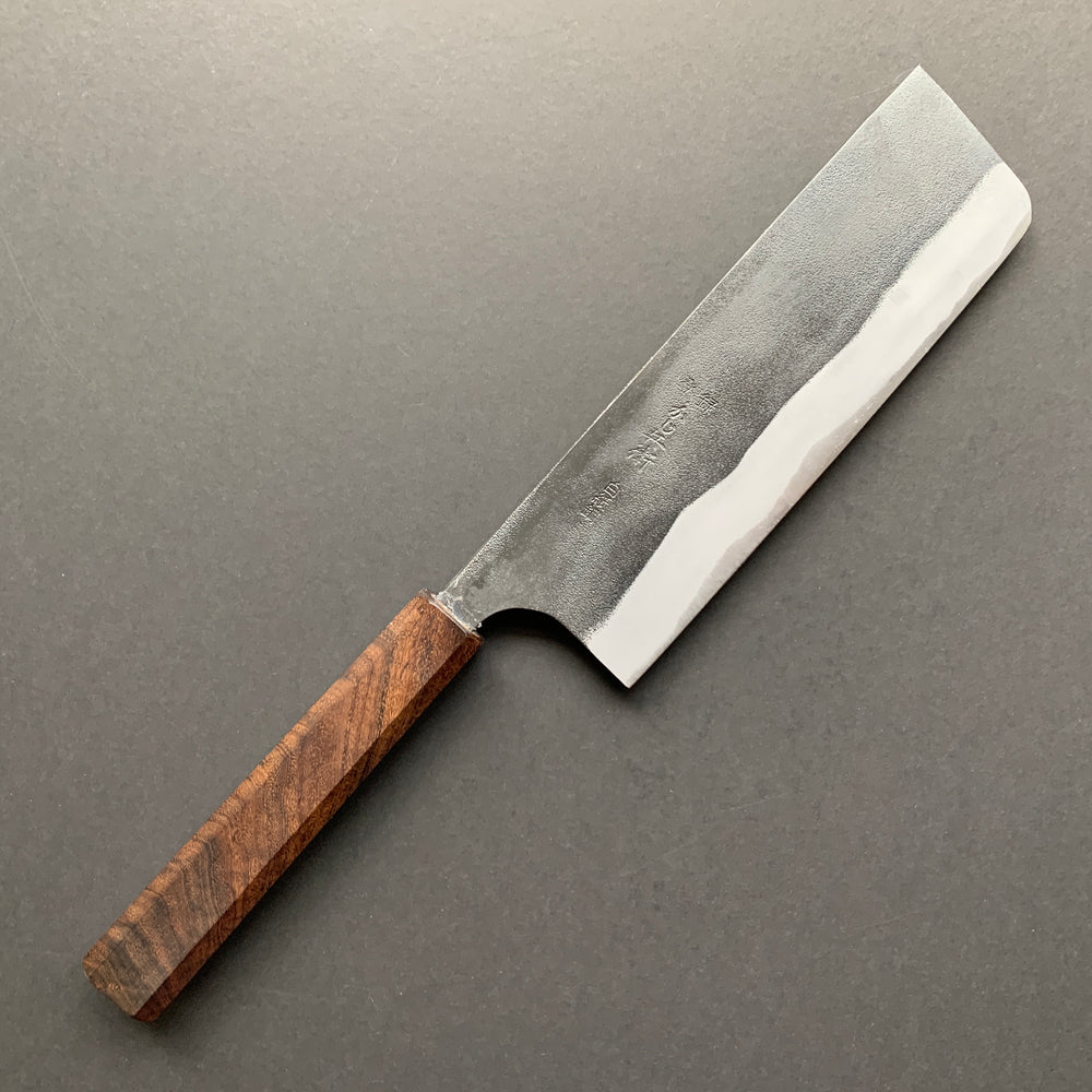 Nakiri knife, Shirogami 2 with iron cladding, Kurouchi finish - Kajibee