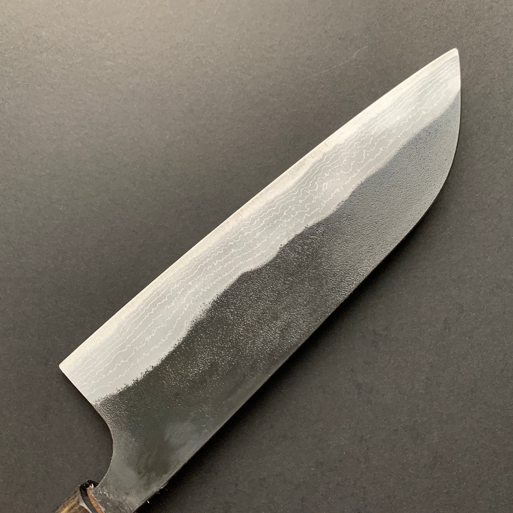 Santoku knife, Aogami 2 with iron cladding, Kurouchi and Damascus finish - Kajibee