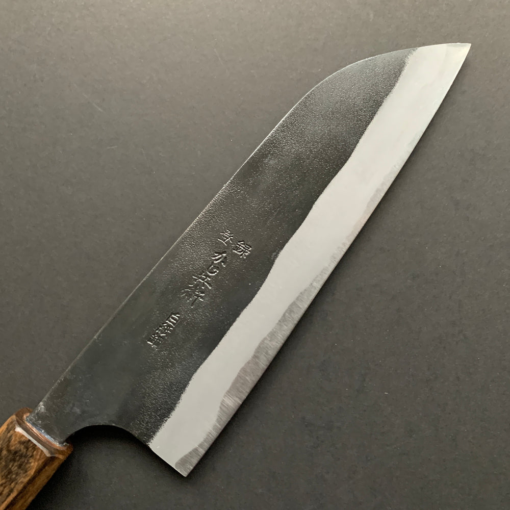 Santoku knife, Shirogami 2 with iron cladding, Kurouchi finish - Kajibee