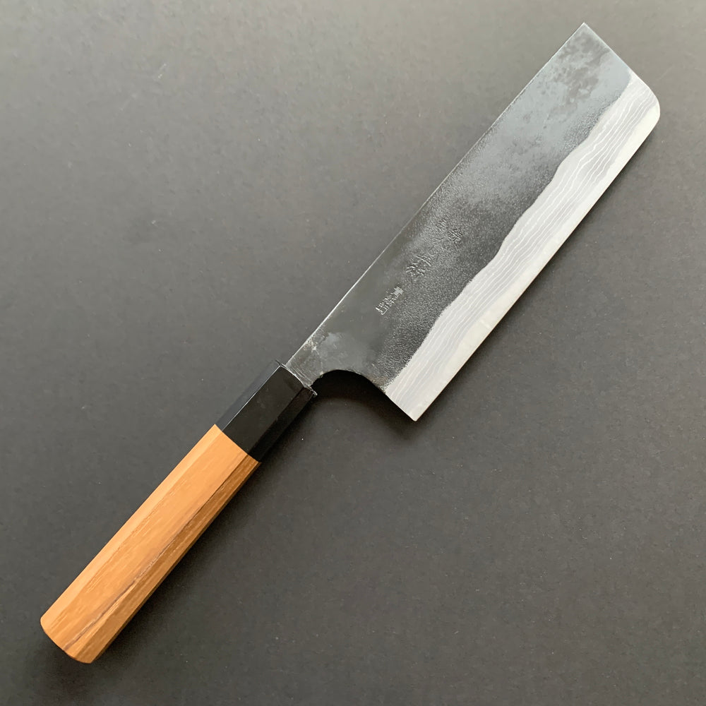 Nakiri knife, Aogami 2 with iron cladding, Damascus and Kurouchi finish - Kajibee