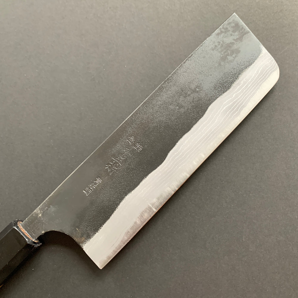 Nakiri knife, Aogami 2 with iron cladding, Damascus and Kurouchi finish - Kajibee