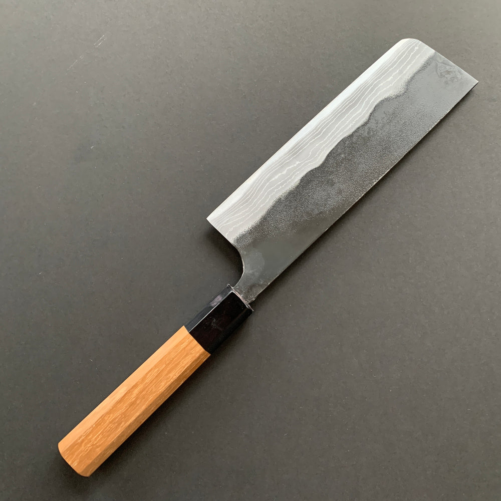Nakiri knife, Aogami 2 with iron cladding, Damascus and Kurouchi finish - Kajibee