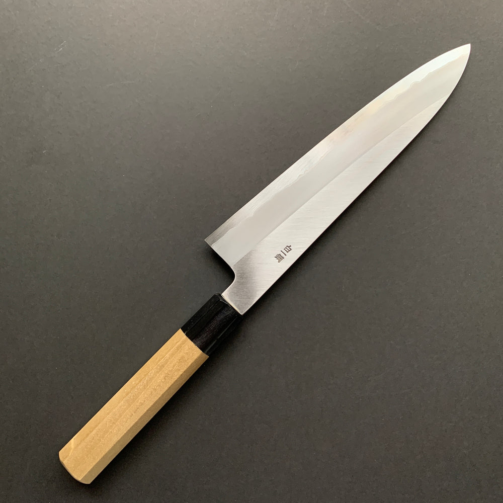 Gyuto Knife, Shirogami 1 Carbon Steel with Stainless Steel cladding, Polished finish - Sakai Kikumori x Nakagawa Hamono