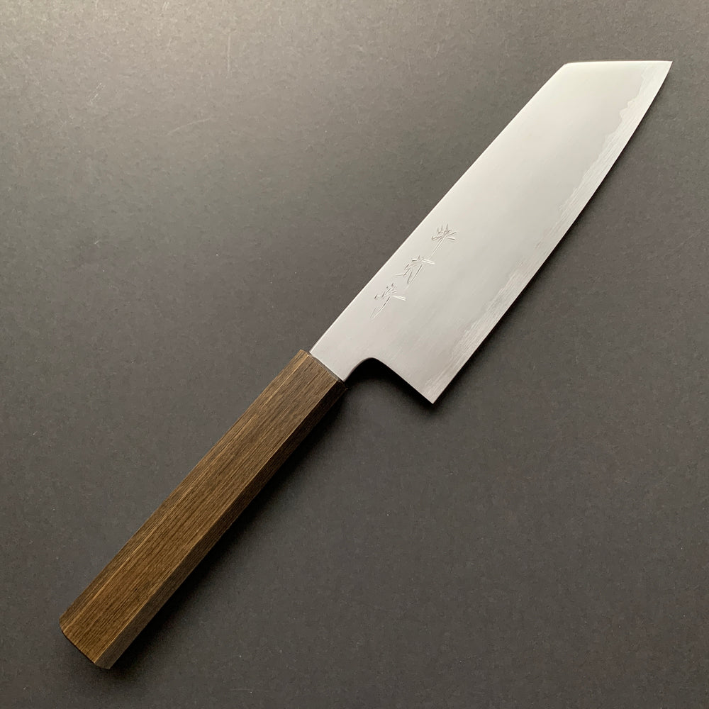 Kiritsuke Santoku Knife, Shirogami 2 Carbon Steel with Stainless Steel cladding, Kasumi finish - Sakai Kikumori