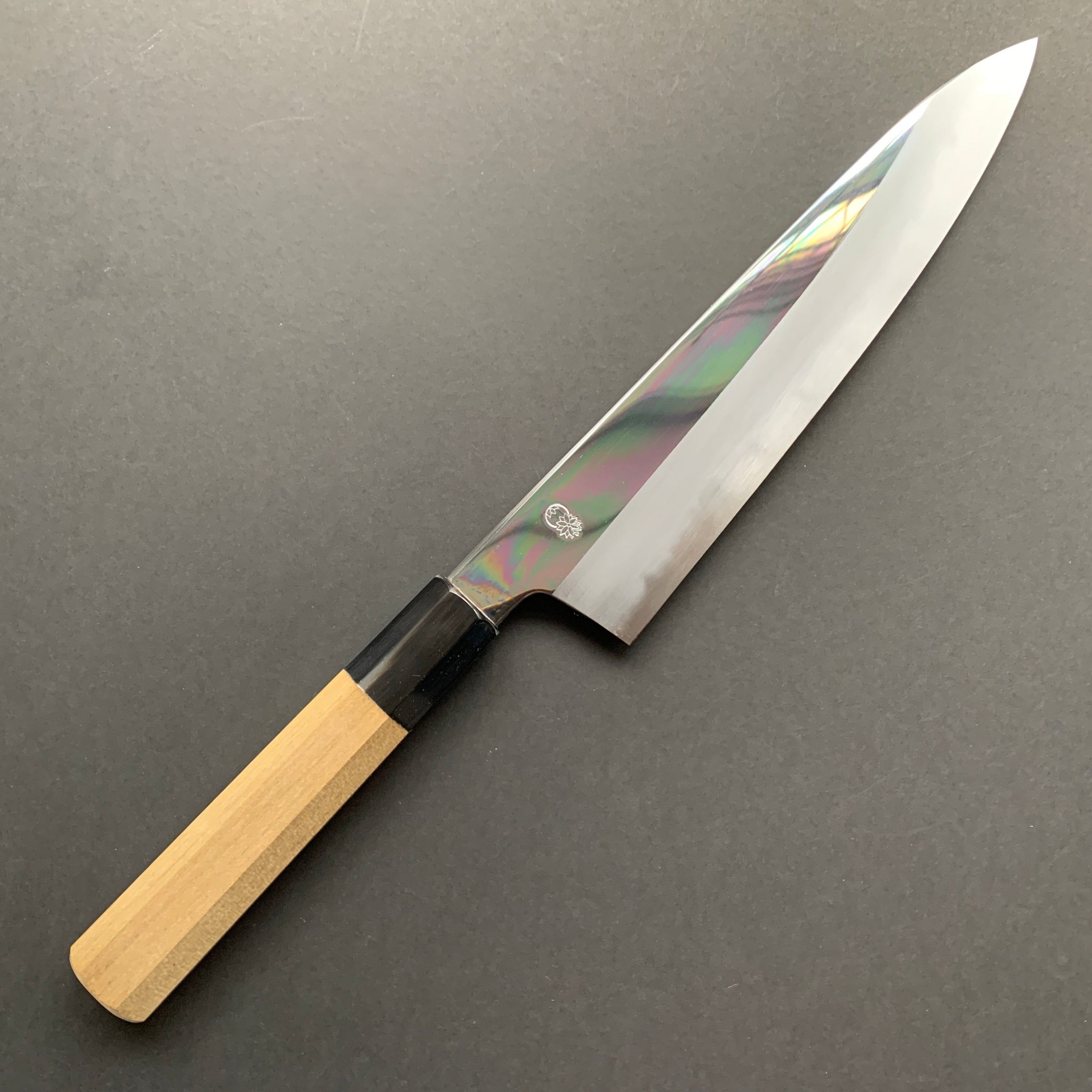 Gyuto Knife, Aogami 1 Carbon Steel with Soft Iron Cladding, mirror polished finish, Choyo range - Sakai Kikumori