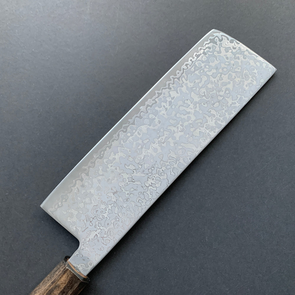 Nakiri knife, SLD steel, Kurozome Damascus finish, Hikari range - Hatsukokoro