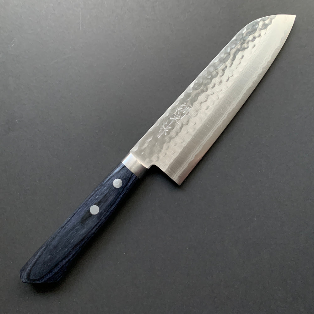 Santoku knife, VG10, Damascus and Tsuchime finish - blue handle - Masutani