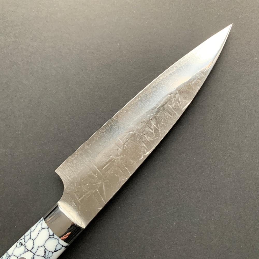 Petty knife, SRS13 stainless steel, Tsuchime finish, western style composite stone handle - Saji