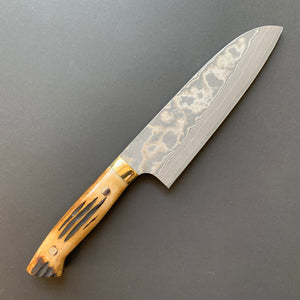 Santoku knife, VG10 Stainless Steel, Damascus finish, Dyed Cow Horn western style handle - Saji