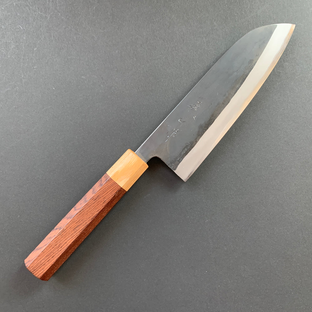 Santoku knife, Aogami 2 carbon steel with stainless steel cladding, kurouchi finish - Shinichi Watanabe