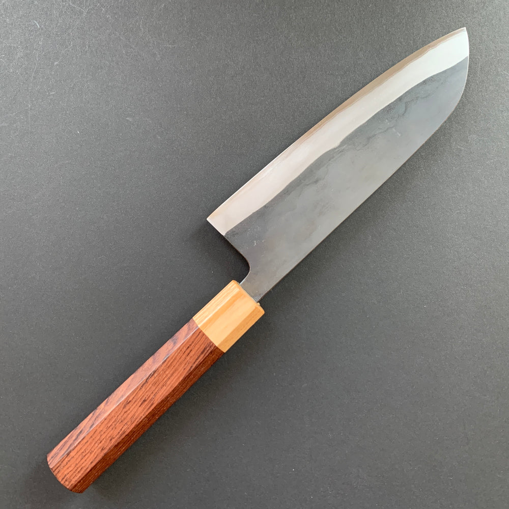 Santoku knife, Aogami 2 carbon steel with stainless steel cladding, kurouchi finish - Shinichi Watanabe