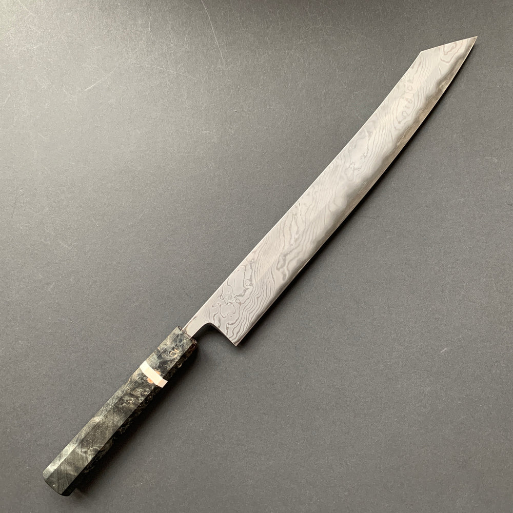 Kiritsuke Sujihiki knife, Aogami Super carbon steel with iron cladding, wave shaped Damascus finish, honwarikomi construction - Miyazaki