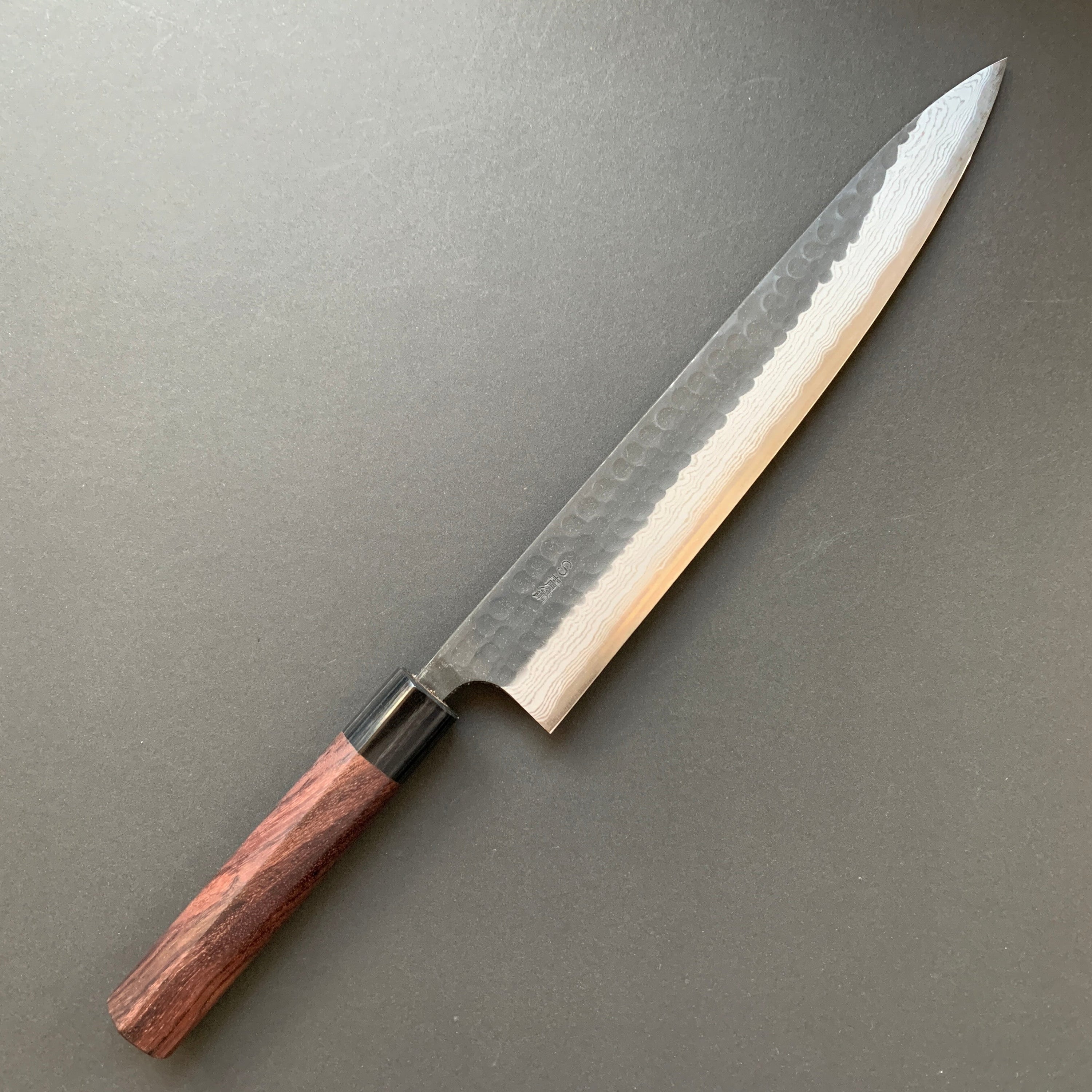 Sujihiki knife, Aogami Super carbon steel, Kurouchi Tsuchime and damascus finish - Akifusa