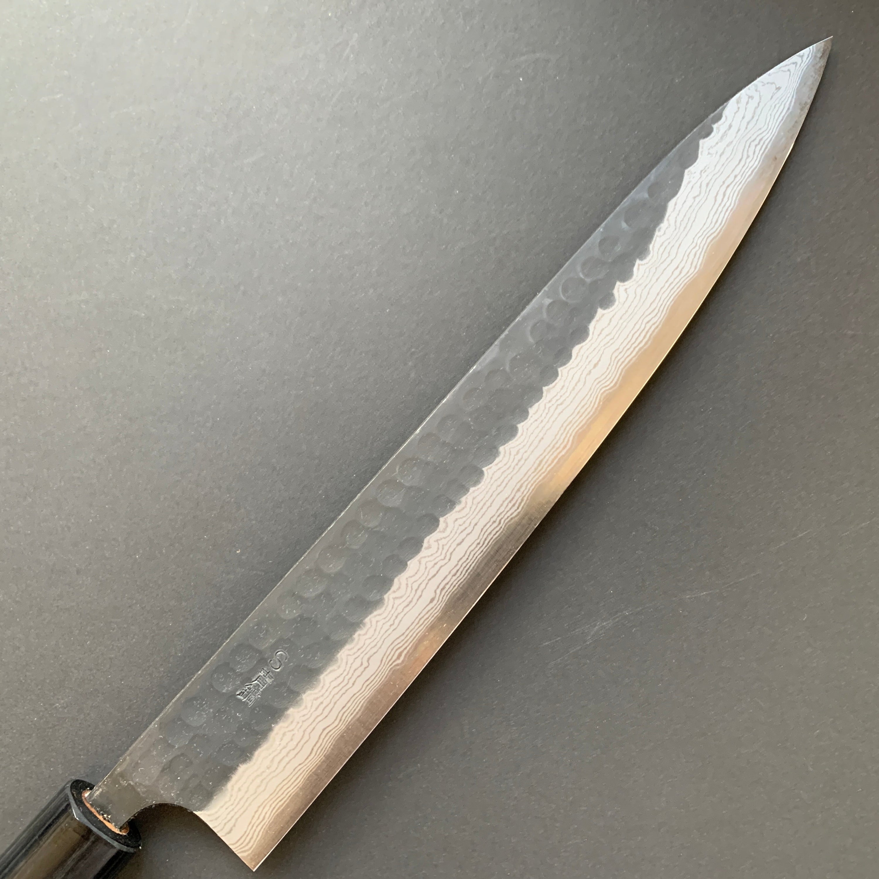 Sujihiki knife, Aogami Super carbon steel, Kurouchi Tsuchime and damascus finish - Akifusa