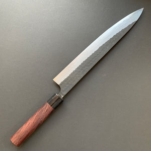 Sujihiki knife, Aogami Super carbon steel, Kurouchi Tsuchime and damascus finish - Akifusa