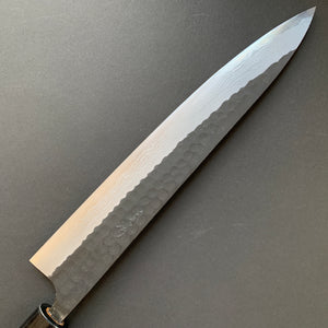 Sujihiki knife, Aogami Super carbon steel, Kurouchi Tsuchime and damascus finish - Akifusa