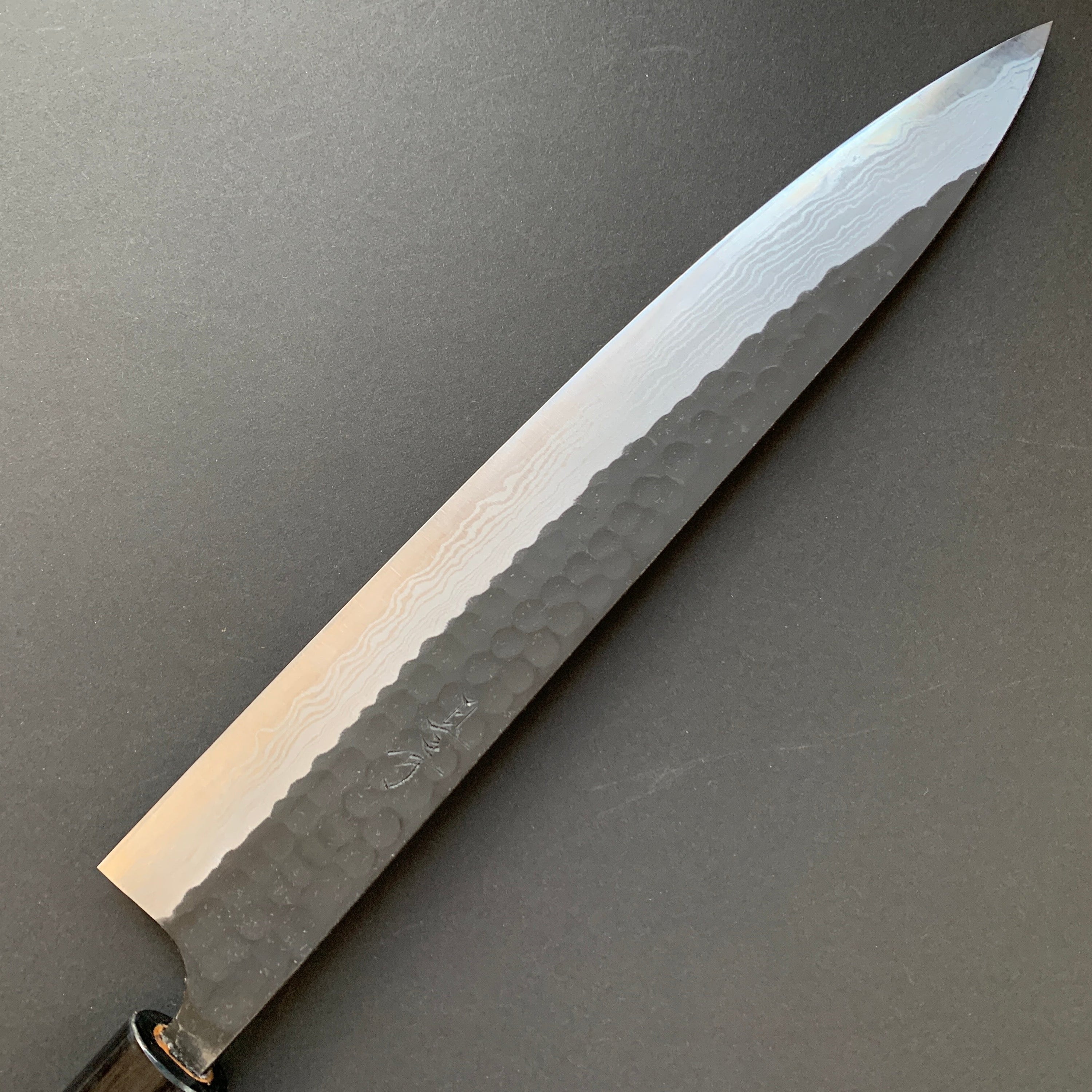 Sujihiki knife, Aogami Super carbon steel, Kurouchi Tsuchime and damascus finish - Akifusa