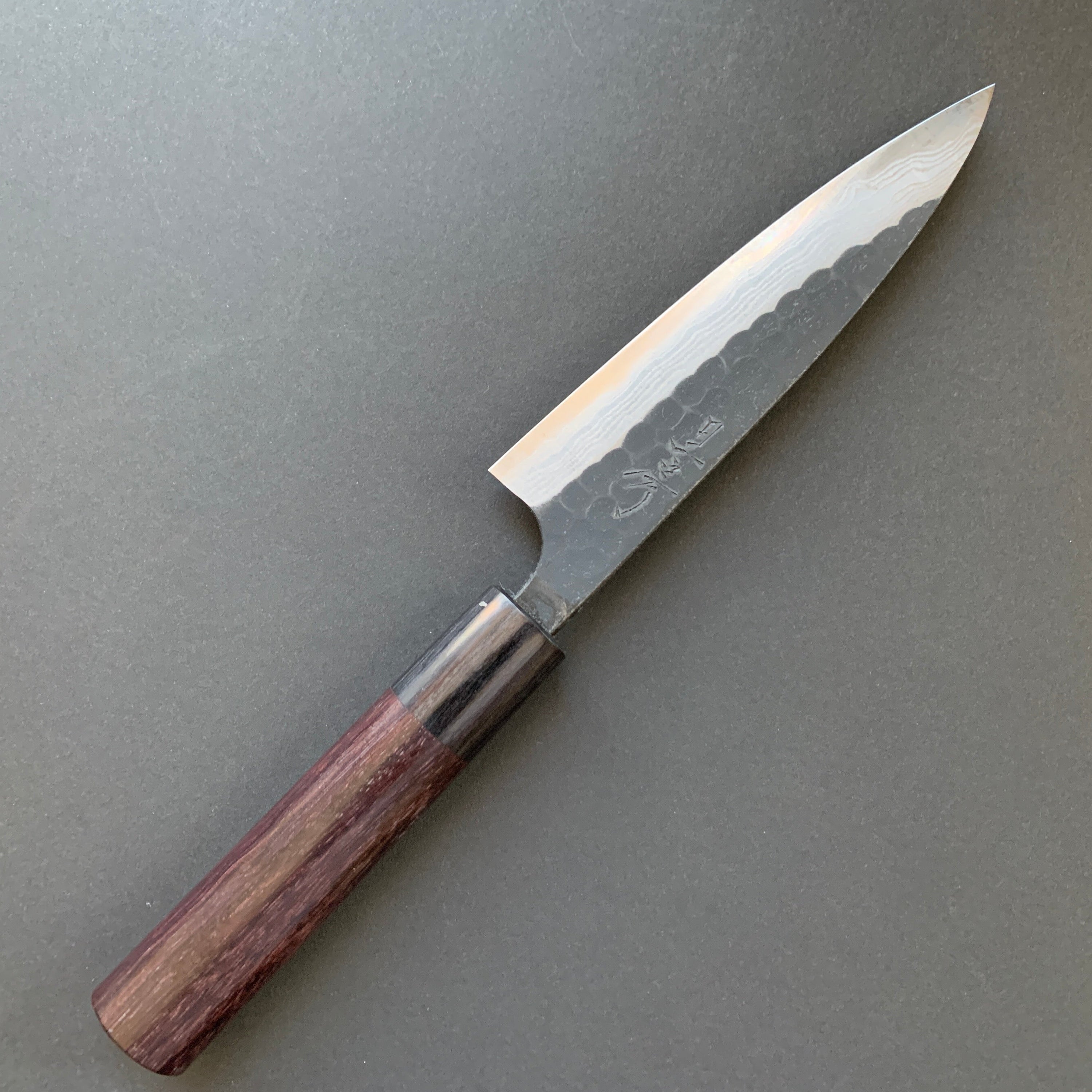 Petty knife, Aogami Super carbon steel, Kurouchi Tsuchime and damascus finish - Akifusa