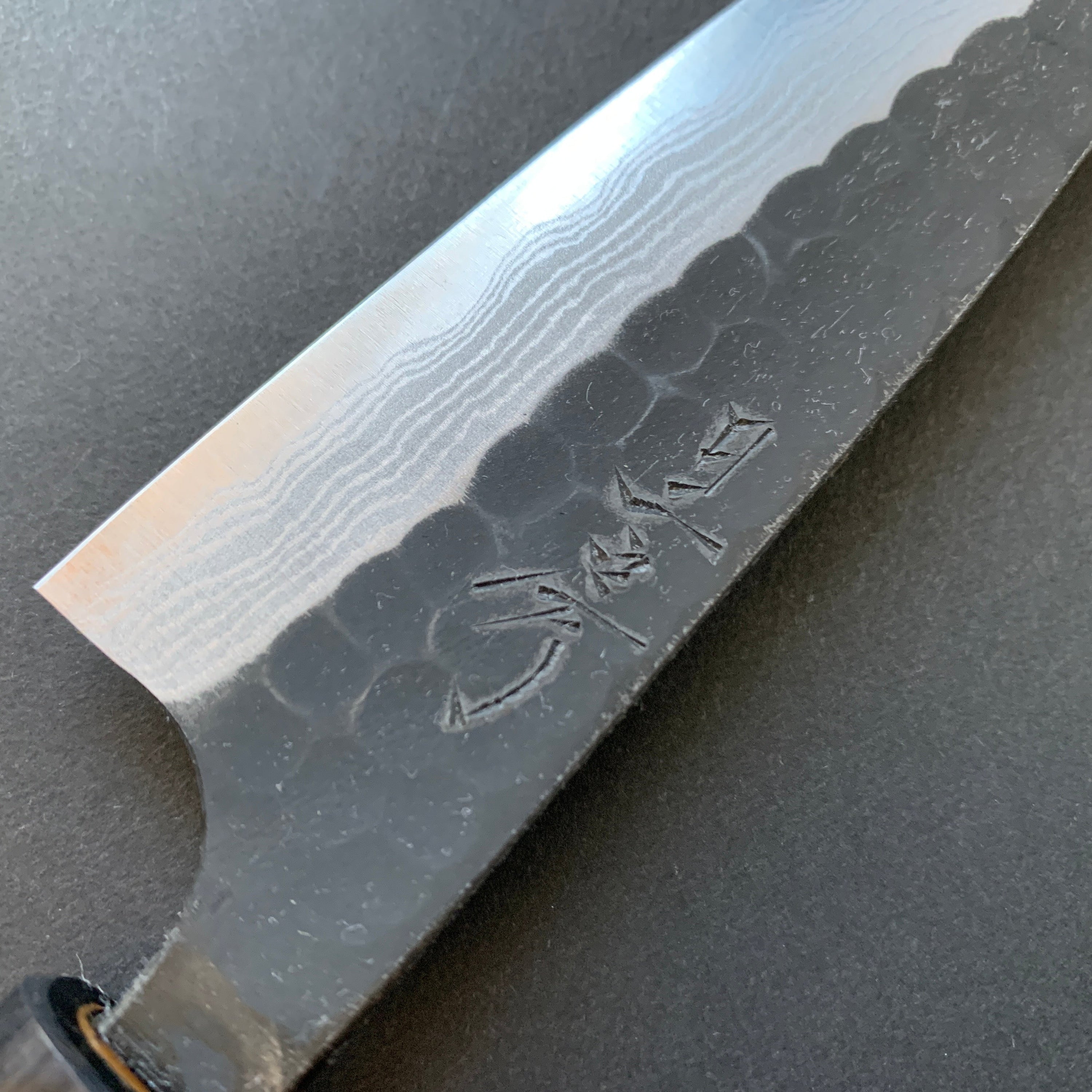 Petty knife, Aogami Super carbon steel, Kurouchi Tsuchime and damascus finish - Akifusa