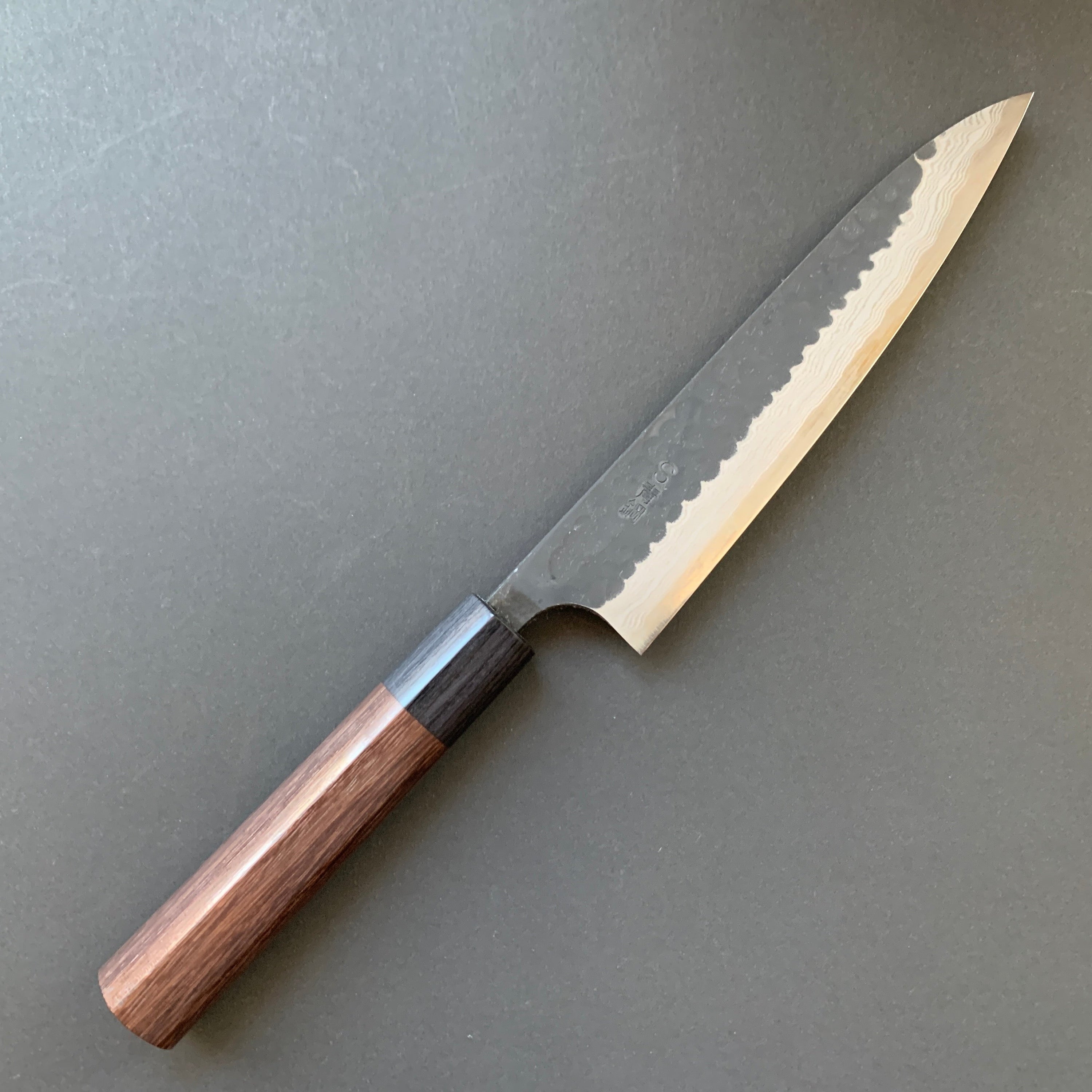 Petty knife, Aogami Super carbon steel, Kurouchi Tsuchime and damascus finish - Akifusa