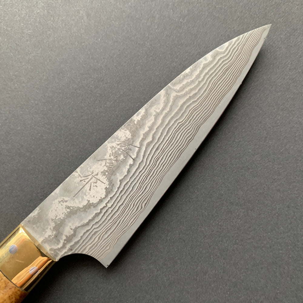 Petty knife, VG10 Stainless Steel, Damascus finish, Dyed Cow Horn western style handle - Saji