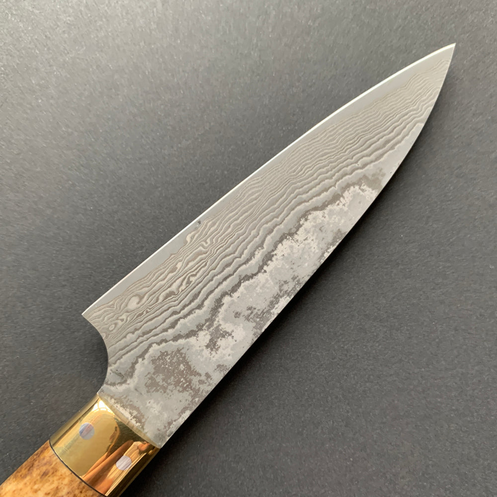 Petty knife, VG10 Stainless Steel, Damascus finish, Dyed Cow Horn western style handle - Saji