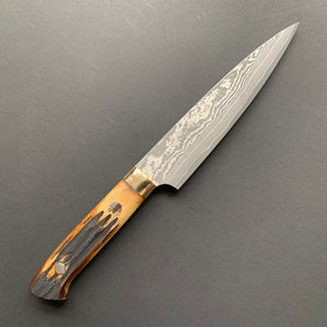 Petty knife, VG10 Stainless Steel, Damascus finish, Dyed Cow Horn western style handle - Saji