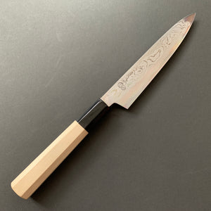 
            
                Load image into Gallery viewer, Petty Knife, Aogami 1 with iron cladding, Damascus finish, Kikuzuki Uzu range - Sakai Kikumori
            
        