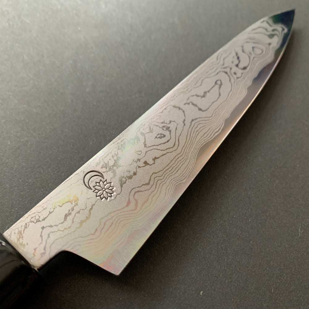 
            
                Load image into Gallery viewer, Petty Knife, Aogami 1 with iron cladding, Damascus finish, Kikuzuki Uzu range - Sakai Kikumori
            
        