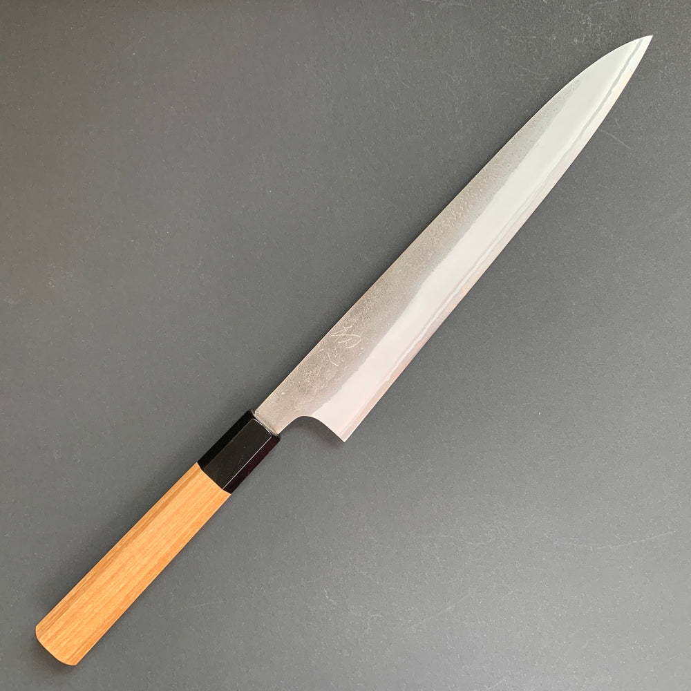 
            
                Load image into Gallery viewer, Sujihiki knife, Shirogami 2 with stainless steel cladding, nashiji finish - Yoshikane
            
        