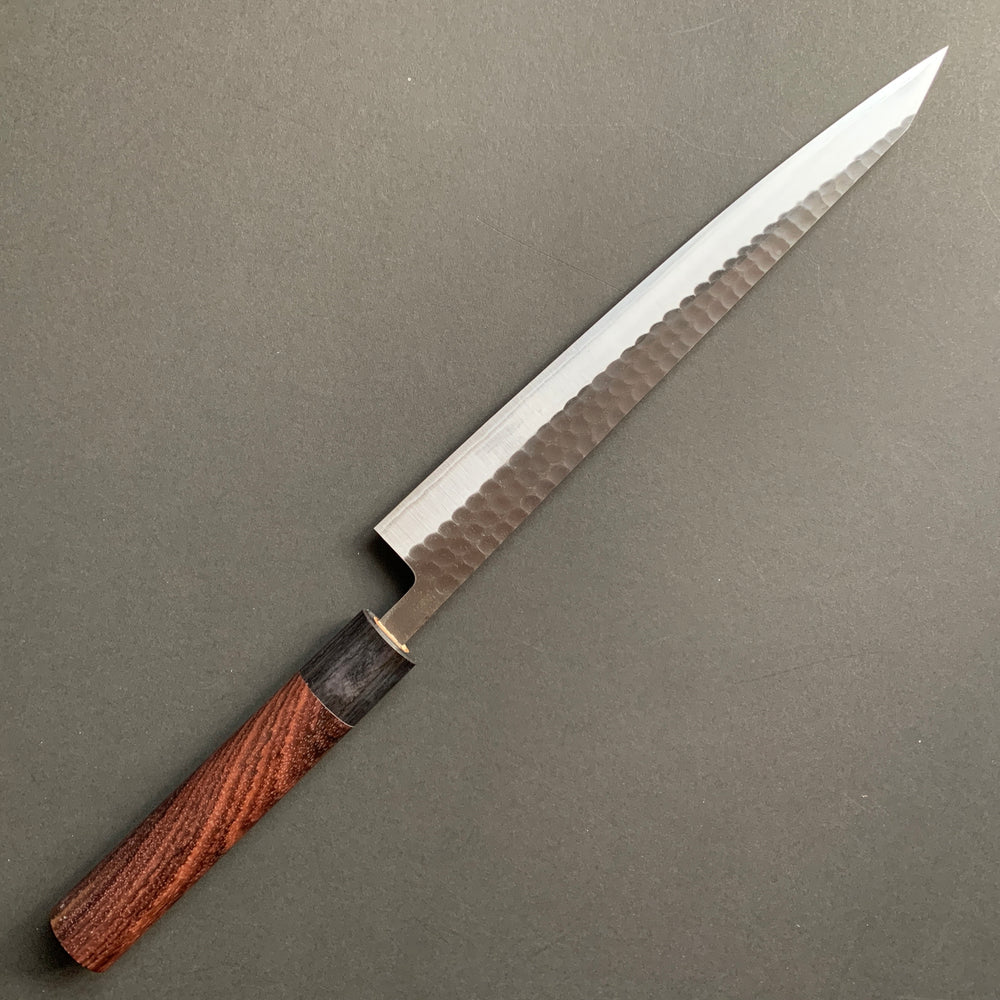 Sujihiki knife, Aogami 2 core with stainless steel cladding, kurouchi and tsuchime finish - Ohishi
